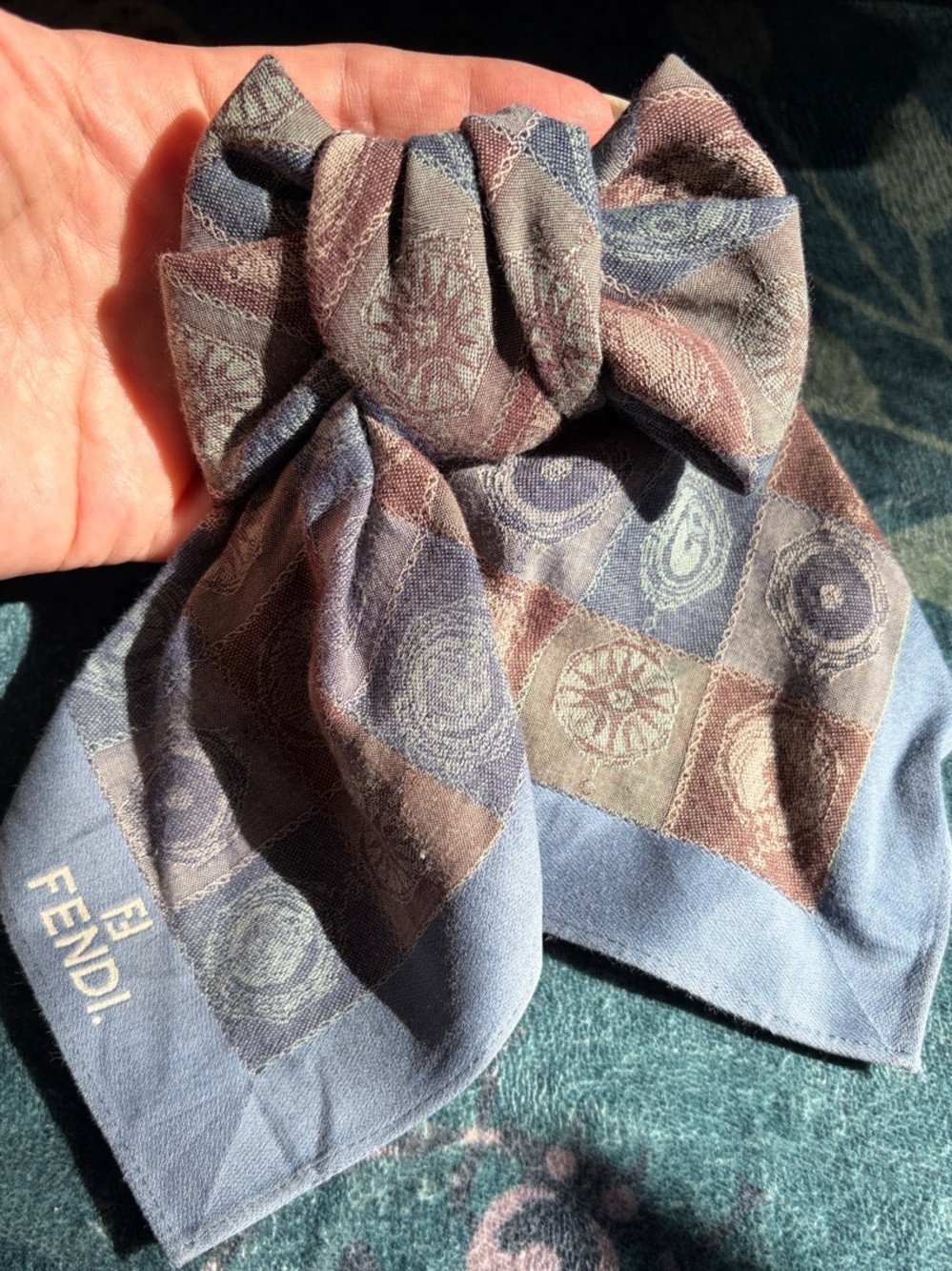 Fendi Blue & Brown Paisley-Check Scarf or Pocket Square